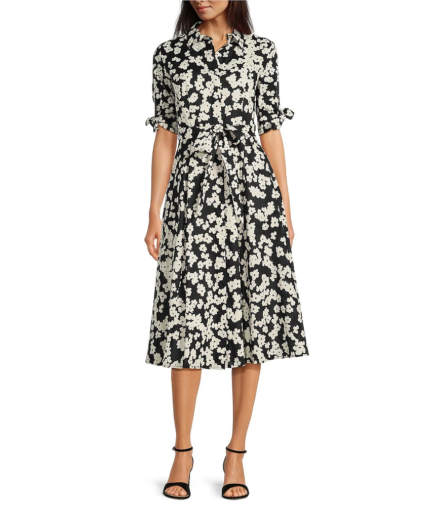 Calvin Klein Short Sleeve Belted Floral Shirt Dress