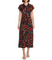 Calvin Klein Short Sleeve Collared Neck Tie Waist Floral Midi Dress