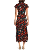 Calvin Klein Short Sleeve Collared Neck Tie Waist Floral Midi Dress