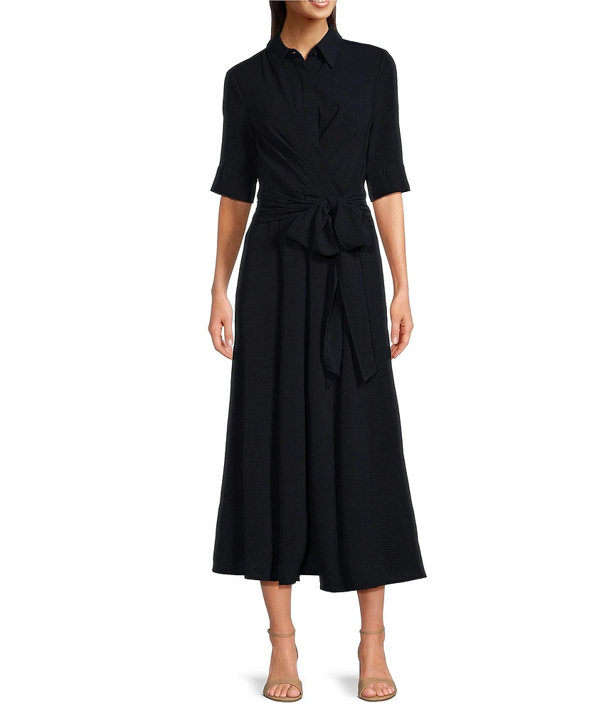 Calvin Klein Elbow Length Sleeve Collared Neck Tie Waist Midi Dress