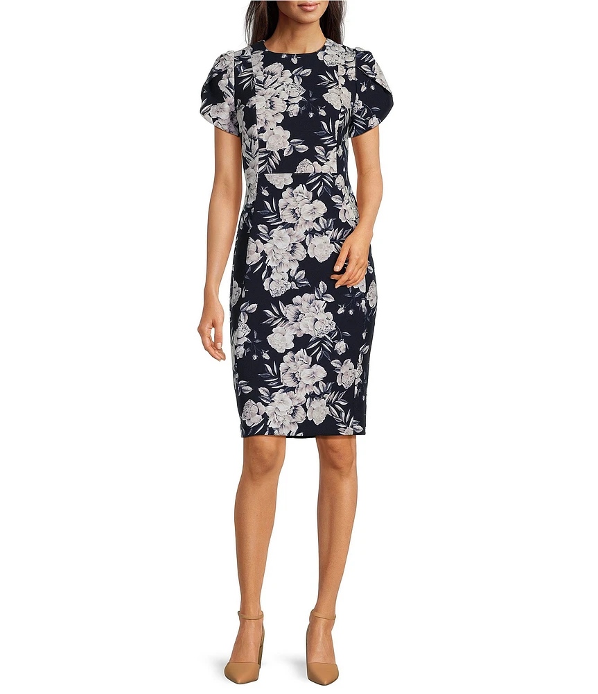 Calvin Klein Short Sleeve Crew Neck Floral Scuba Crepe Dress