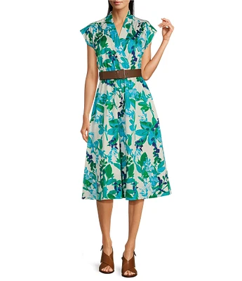 Calvin Klein Short Sleeve Floral V-Neck Belted Midi Dress