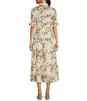 Calvin Klein Short Sleeve Point Collar Tie Waist Floral Pleated Skirt Button Front Midi A-Line Dress