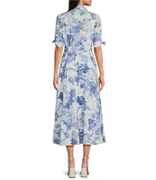 Calvin Klein Short Sleeve Point Collar Tie Waist Floral Printed Midi A-Line Dress
