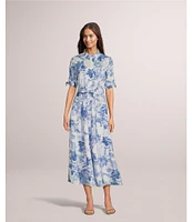 Calvin Klein Short Sleeve Point Collar Tie Waist Floral Printed Midi A-Line Dress