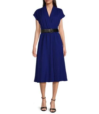 Calvin Klein Short Sleeve V-Neck Belted Midi Shirt Dress