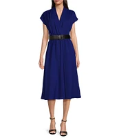 Calvin Klein Short Sleeve V-Neck Belted Midi Shirt Dress