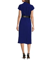 Calvin Klein Short Sleeve V-Neck Belted Midi Shirt Dress