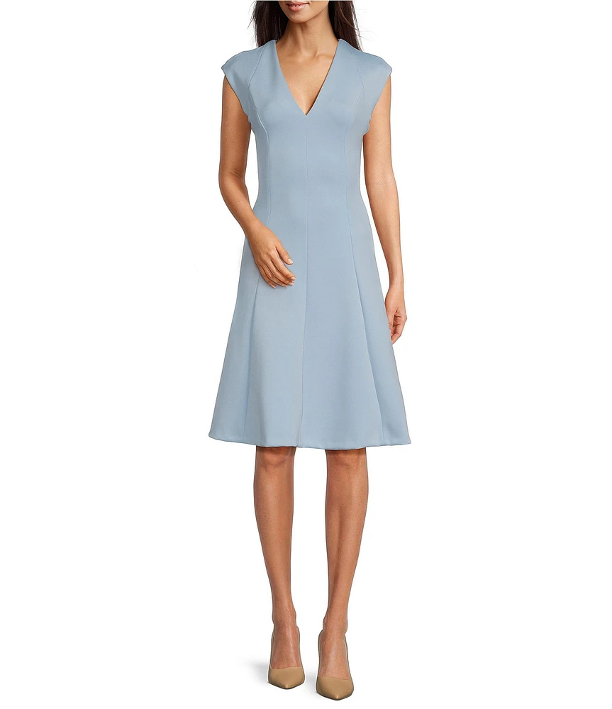 Calvin Klein Short Sleeve V-Neck Scuba A-Line Dress