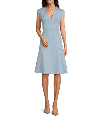 Calvin Klein Short Sleeve V-Neck Scuba A-Line Dress