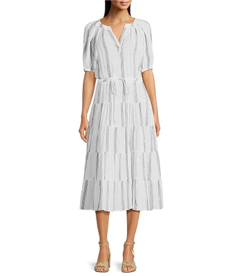 Calvin Klein Short Sleeve V-Neck Striped A-Line Midi Dress