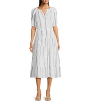 Calvin Klein Short Sleeve V-Neck Striped A-Line Midi Dress