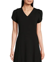 Calvin Klein Scuba Crepe Short Tulip Sleeve V-Neck A-Line Midi Dress