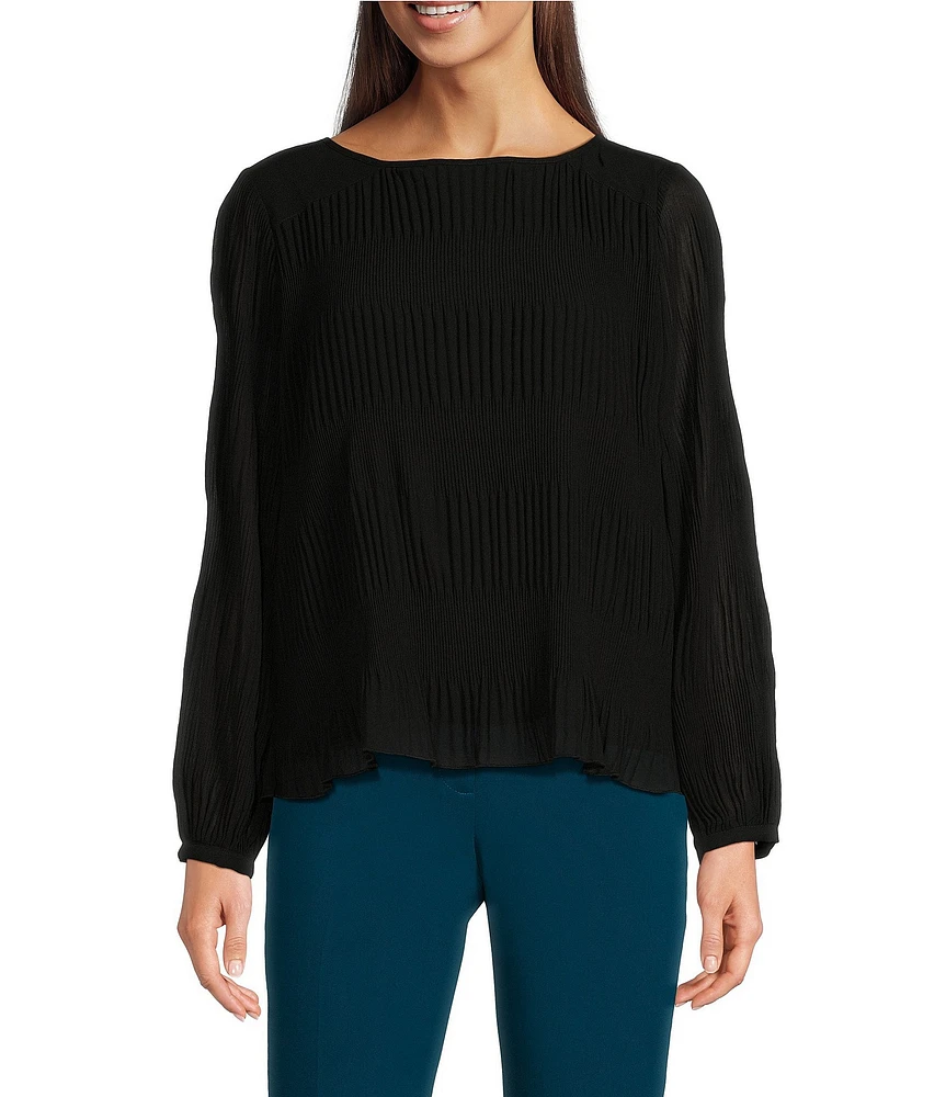 Calvin Klein Solid Chiffon Accordion Pleat Crew Neck Long Sleeve Top