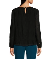 Calvin Klein Solid Chiffon Accordion Pleat Crew Neck Long Sleeve Top