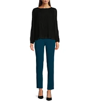 Calvin Klein Solid Chiffon Accordion Pleat Crew Neck Long Sleeve Top