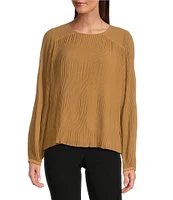 Calvin Klein Solid Chiffon Accordion Pleat Crew Neck Long Sleeve Top