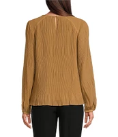 Calvin Klein Solid Chiffon Accordion Pleat Crew Neck Long Sleeve Top