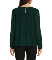 Calvin Klein Solid Chiffon Accordion Pleat Crew Neck Long Sleeve Top