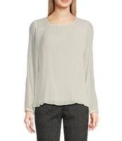 Calvin Klein Solid Chiffon Accordion Pleat Crew Neck Long Sleeve Top