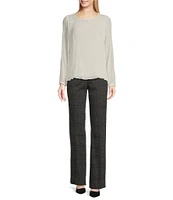 Calvin Klein Solid Chiffon Accordion Pleat Crew Neck Long Sleeve Top