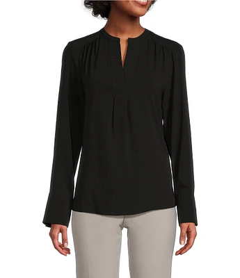 Calvin Klein Solid Crepe de Chine Split V-Neck Long Sleeve Blouse