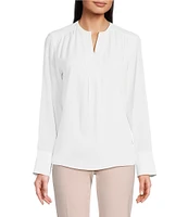 Calvin Klein Solid Crepe de Chine Split V-Neck Long Sleeve Blouse