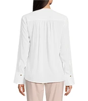 Calvin Klein Solid Crepe de Chine Split V-Neck Long Sleeve Blouse