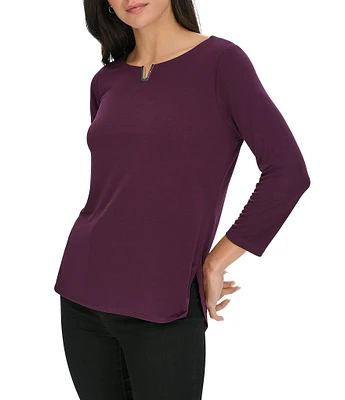 Calvin Klein Solid Knit Crew Neck 3/4 Sleeve Relaxed Fit Top