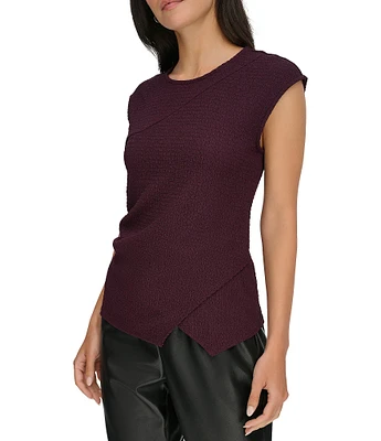 Calvin Klein Solid Knit Crew Neck Cap Sleeves Asymmetrical Hem Top