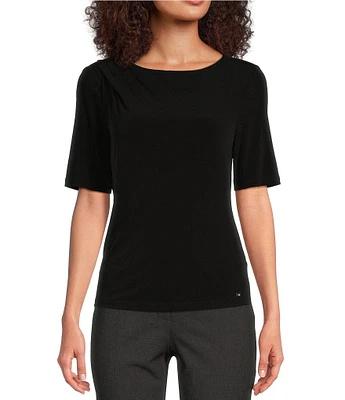 Calvin Klein Solid Knit Crew Neck Elbow Sleeve Drape Top