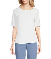 Calvin Klein Solid Knit Crew Neck Elbow Sleeve Drape Top