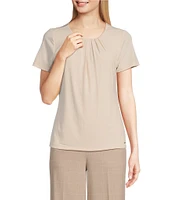 Calvin Klein Solid Matte Jersey Pleated Crew Neck Short Sleeve Blouse