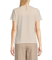 Calvin Klein Solid Matte Jersey Pleated Crew Neck Short Sleeve Blouse