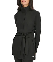 Calvin Klein Solid Point Collar Long Sleeves Tie Belt Snap Front Jacket