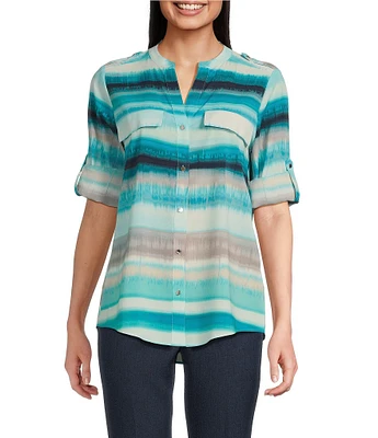 Calvin Klein Split Neck Roll Tab Button Front Blouse