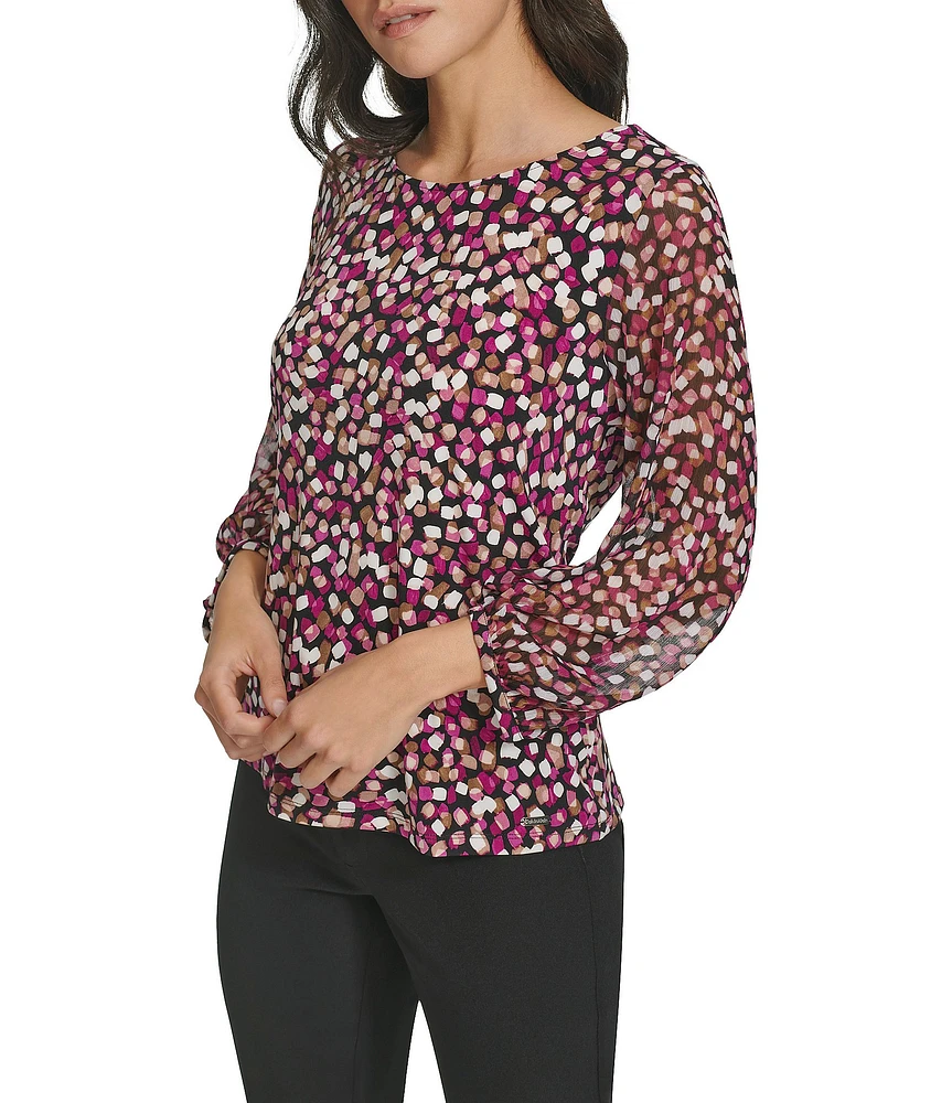 Calvin Klein Stretch Abstract Dot Printed Crew Neckline Long Sleeve Blouse