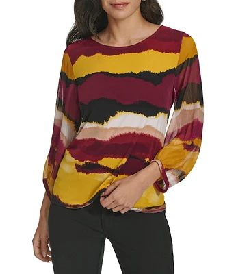 Calvin Klein Stretch Abstract Printed Crew Neckline Long Sleeve Blouse