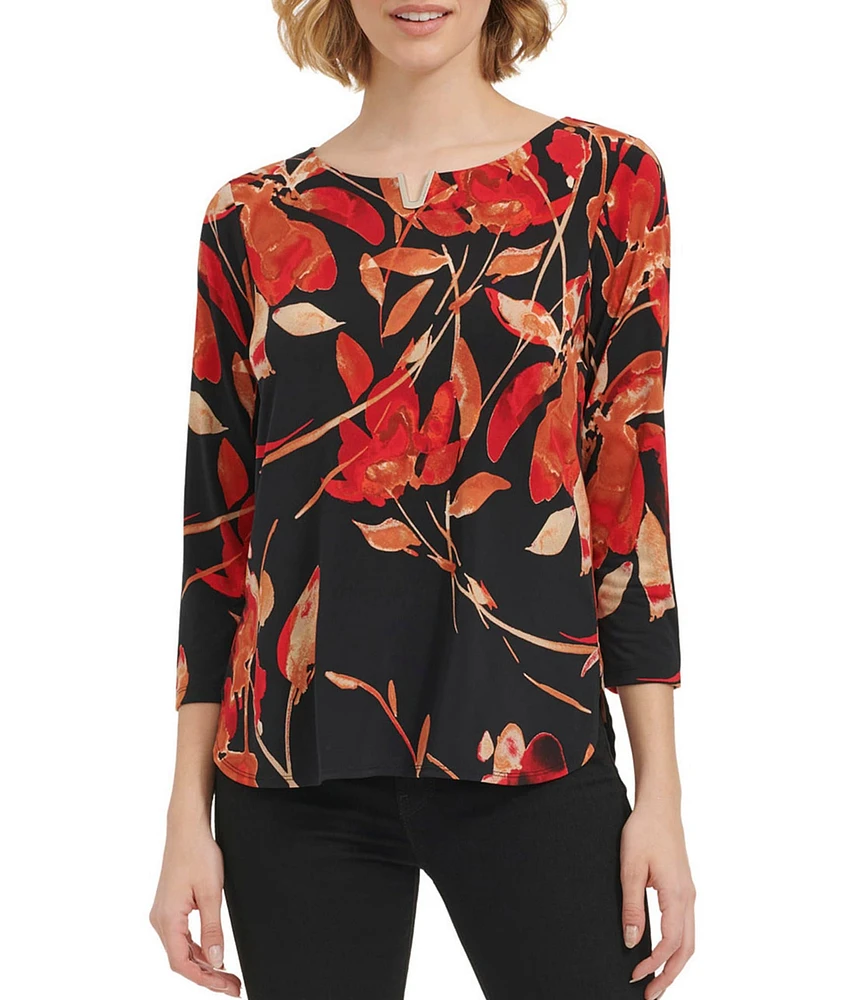 Calvin Klein Stretch Floral Printed Split V Neckline 3/4 Sleeve Blouse