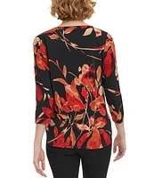 Calvin Klein Stretch Floral Printed Split V Neckline 3/4 Sleeve Blouse