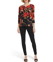 Calvin Klein Stretch Floral Printed Split V Neckline 3/4 Sleeve Blouse