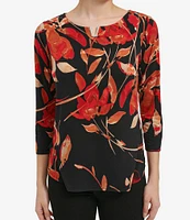 Calvin Klein Stretch Floral Printed Split V Neckline 3/4 Sleeve Blouse