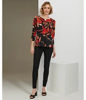 Calvin Klein Stretch Floral Printed Split V Neckline 3/4 Sleeve Blouse