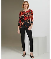 Calvin Klein Stretch Floral Printed Split V Neckline 3/4 Sleeve Blouse