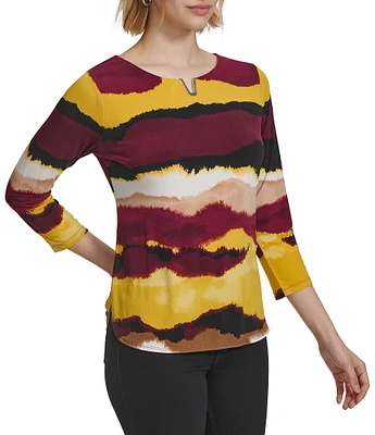 Calvin Klein Stretch Abstract Printed V Neckline 3/4 Sleeve Top