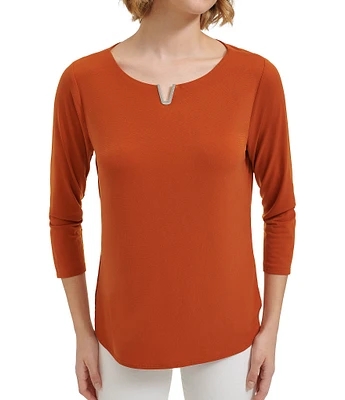 Calvin Klein Stretch Round Notch Neckline 3/4 Sleeve Blouse