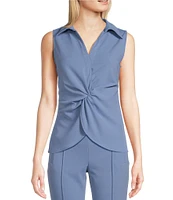 Calvin Klein Stretch Scuba Crepe Collared V-Neck Sleeveless Twist Front Top