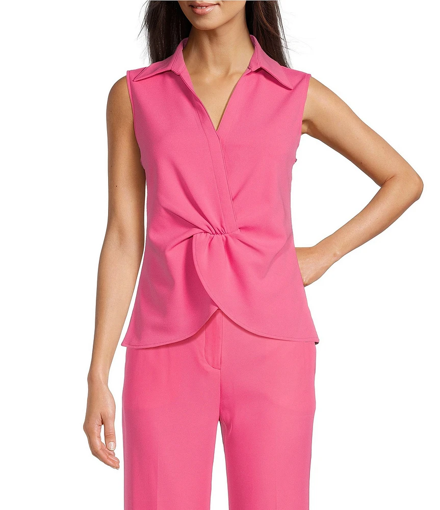 Calvin Klein Stretch Scuba Crepe Collared V-Neck Sleeveless Twist Front Top