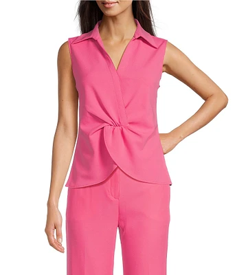 Calvin Klein Stretch Scuba Crepe Collared V-Neck Sleeveless Twist Front Top