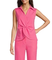 Calvin Klein Stretch Scuba Crepe Collared V-Neck Sleeveless Twist Front Top